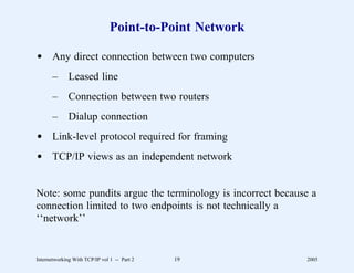 Point-to-Point Network

d Any direct connection between two computers
       –      Leased line
       –      Connection between two routers
       –      Dialup connection
d Link-level protocol required for framing
d TCP/IP views as an independent network


Note: some pundits argue the terminology is incorrect because a
connection limited to two endpoints is not technically a
‘‘network’’


Internetworking With TCP/IP vol 1 -- Part 2   19            2005
 
