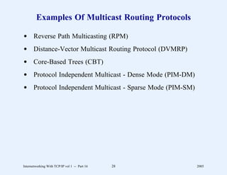 Examples Of Multicast Routing Protocols

d Reverse Path Multicasting (RPM)
d Distance-Vector Multicast Routing Protocol (DVMRP)
d Core-Based Trees (CBT)
d Protocol Independent Multicast - Dense Mode (PIM-DM)
d Protocol Independent Multicast - Sparse Mode (PIM-SM)




Internetworking With TCP/IP vol 1 -- Part 16   28         2005
 