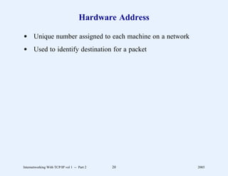 Hardware Address

d Unique number assigned to each machine on a network
d Used to identify destination for a packet




Internetworking With TCP/IP vol 1 -- Part 2   20        2005
 