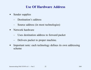 Use Of Hardware Address

d Sender supplies
       –      Destination’s address
       –      Source address (in most technologies)
d Network hardware
       –      Uses destination address to forward packet
       –      Delivers packet to proper machine.
d Important note: each technology deﬁnes its own addressing
  scheme




Internetworking With TCP/IP vol 1 -- Part 2   22           2005
 