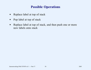 Possible Operations

d Replace label at top of stack
d Pop label at top of stack
d Replace label at top of stack, and then push one or more
  new labels onto stack




Internetworking With TCP/IP vol 1 -- Part 17   16            2005
 