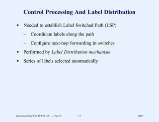 Control Processing And Label Distribution

d Needed to establish Label Switched Path (LSP)
       –      Coordinate labels along the path
       –      Conﬁgure next-hop forwarding in switches
d Performed by Label Distribution mechanism
d Series of labels selected automatically




Internetworking With TCP/IP vol 1 -- Part 17   17        2005
 