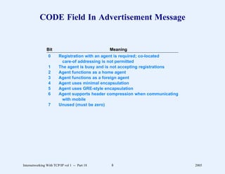 CODE Field In Advertisement Message


                Bit                            Meaning
                 0      Registration with an agent is required; co-located
                         care-of addressing is not permitted
                 1      The agent is busy and is not accepting registrations
                 2      Agent functions as a home agent
                 3      Agent functions as a foreign agent
                 4      Agent uses minimal encapsulation
                 5      Agent uses GRE-style encapsulation
                 6      Agent supports header compression when communicating
                         with mobile
                 7      Unused (must be zero)




Internetworking With TCP/IP vol 1 -- Part 18   8                               2005
 