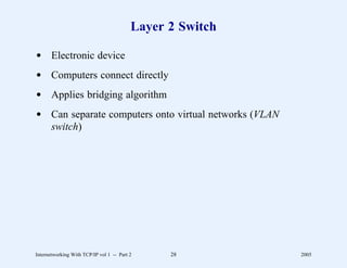 Layer 2 Switch

d Electronic device
d Computers connect directly
d Applies bridging algorithm
d Can separate computers onto virtual networks (VLAN
  switch)




Internetworking With TCP/IP vol 1 -- Part 2     28         2005
 