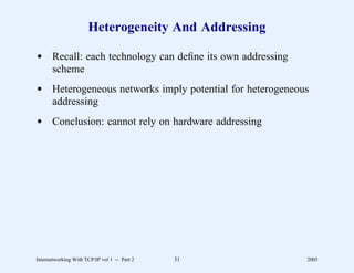 Heterogeneity And Addressing

d Recall: each technology can deﬁne its own addressing
  scheme
d Heterogeneous networks imply potential for heterogeneous
  addressing
d Conclusion: cannot rely on hardware addressing




Internetworking With TCP/IP vol 1 -- Part 2   31         2005
 