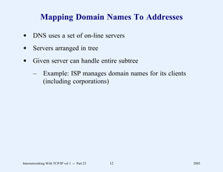 Mapping Domain Names To Addresses

d DNS uses a set of on-line servers
d Servers arranged in tree
d Given server can handle entire subtree
       –      Example: ISP manages domain names for its clients
              (including corporations)




Internetworking With TCP/IP vol 1 -- Part 23   12                 2005
 