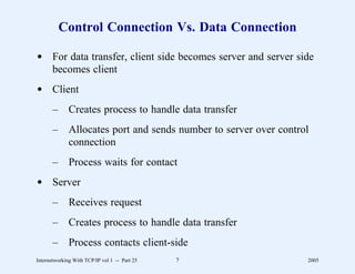 Control Connection Vs. Data Connection

d For data transfer, client side becomes server and server side
  becomes client
d Client
       –      Creates process to handle data transfer
       –      Allocates port and sends number to server over control
              connection
       –      Process waits for contact
d Server
       –      Receives request
       –      Creates process to handle data transfer
       –      Process contacts client-side
Internetworking With TCP/IP vol 1 -- Part 25   7                   2005
 