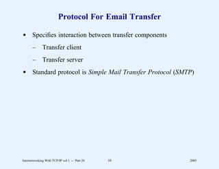 Protocol For Email Transfer

d Speciﬁes interaction between transfer components
       –      Transfer client
       –      Transfer server
d Standard protocol is Simple Mail Transfer Protocol (SMTP)




Internetworking With TCP/IP vol 1 -- Part 26   10        2005
 