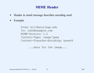 MIME Header

d Header in email message describes encoding used
d Example

                  From: bill@acollege.edu
                  To: john@example.com
                  MIME-Version: 1.0
                  Content-Type: image/jpeg
                  Content-Transfer-Encoding: base64

                               ...data for the image...




Internetworking With TCP/IP vol 1 -- Part 26   15         2005
 