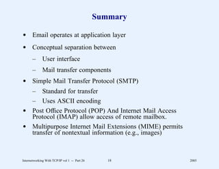 Summary

d Email operates at application layer
d Conceptual separation between
       –      User interface
       –      Mail transfer components
d Simple Mail Transfer Protocol (SMTP)
  – Standard for transfer
  – Uses ASCII encoding
d Post Ofﬁce Protocol (POP) And Internet Mail Access
  Protocol (IMAP) allow access of remote mailbox.
d Multipurpose Internet Mail Extensions (MIME) permits
  transfer of nontextual information (e.g., images)



Internetworking With TCP/IP vol 1 -- Part 26      18     2005
 