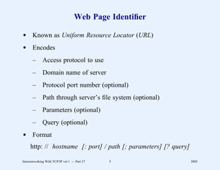 Web Page Identiﬁer

d Known as Uniform Resource Locator (URL)
d Encodes
       –      Access protocol to use
       –      Domain name of server
       –      Protocol port number (optional)
       –      Path through server’s ﬁle system (optional)
       –      Parameters (optional)
       –      Query (optional)
d Format
     http: // hostname [: port] / path [; parameters] [? query]

Internetworking With TCP/IP vol 1 -- Part 27   3                  2005
 