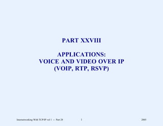 PART XXVIII

                          APPLICATIONS:
                     VOICE AND VIDEO OVER IP
                         (VOIP, RTP, RSVP)




Internetworking With TCP/IP vol 1 -- Part 28   1        2005
 