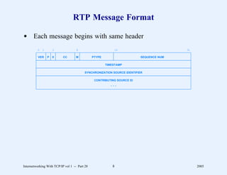 RTP Message Format

d Each message begins with same header
         0   1       3              8                      16                           31

          VER    P   X     CC       M          PTYPE                     SEQUENCE NUM

                                                       TIMESTAMP

                                         SYNCHRONIZATION SOURCE IDENTIFIER

                                                CONTRIBUTING SOURCE ID
                                                          ...




Internetworking With TCP/IP vol 1 -- Part 28              8                                  2005
 
