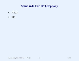 Standards For IP Telephony

d H.323
d SIP




Internetworking With TCP/IP vol 1 -- Part 28   15     2005
 