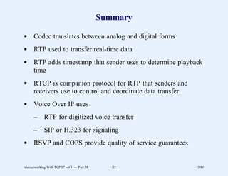 Summary

d Codec translates between analog and digital forms
d RTP used to transfer real-time data
d RTP adds timestamp that sender uses to determine playback
  time
d RTCP is companion protocol for RTP that senders and
  receivers use to control and coordinate data transfer
d Voice Over IP uses
       –      RTP for digitized voice transfer
       –      SIP or H.323 for signaling
d RSVP and COPS provide quality of service guarantees


Internetworking With TCP/IP vol 1 -- Part 28      25      2005
 