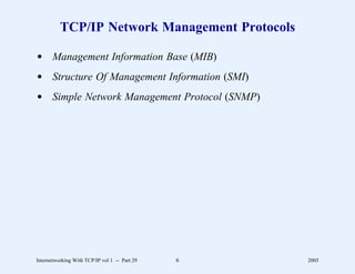TCP/IP Network Management Protocols

d Management Information Base (MIB)
d Structure Of Management Information (SMI)
d Simple Network Management Protocol (SNMP)




Internetworking With TCP/IP vol 1 -- Part 29   6   2005
 