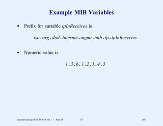 Example MIB Variables

d Preﬁx for variable ipInReceives is

                iso . org . dod . internet . mgmt . mib . ip . ipInReceives


d Numeric value is

                                               1.3.6.1.2.1.4.3




Internetworking With TCP/IP vol 1 -- Part 29        15                        2005
 