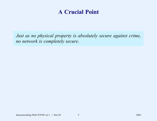 A Crucial Point


Just as no physical property is absolutely secure against crime,
no network is completely secure.




Internetworking With TCP/IP vol 1 -- Part 30    3            2005
 
