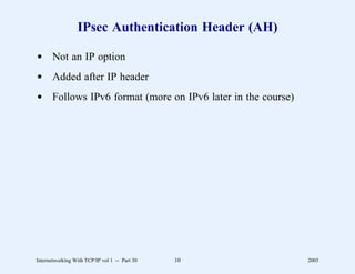 IPsec Authentication Header (AH)

d Not an IP option
d Added after IP header
d Follows IPv6 format (more on IPv6 later in the course)




Internetworking With TCP/IP vol 1 -- Part 30   10          2005
 