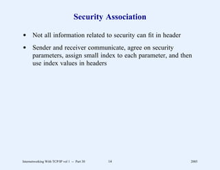 Security Association

d Not all information related to security can ﬁt in header
d Sender and receiver communicate, agree on security
  parameters, assign small index to each parameter, and then
  use index values in headers




Internetworking With TCP/IP vol 1 -- Part 30   14            2005
 