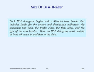Size Of Base Header


Each IPv6 datagram begins with a 40-octet base header that
includes fields for the source and destination addresses, the
maximum hop limit, the traffic class, the flow label, and the
type of the next header. Thus, an IPv6 datagram must contain
at least 40 octets in addition to the data.




Internetworking With TCP/IP vol 1 -- Part 31   10         2005
 