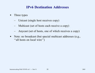 IPv6 Destination Addresses

d Three types
       –      Unicast (single host receives copy)
       –      Multicast (set of hosts each receive a copy)
       –      Anycast (set of hosts, one of which receives a copy)
d Note: no broadcast (but special multicast addresses (e.g.,
  ‘‘all hosts on local wire’’)




Internetworking With TCP/IP vol 1 -- Part 31   20                    2005
 