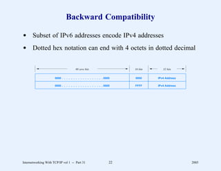 Backward Compatibility

d Subset of IPv6 addresses encode IPv4 addresses
d Dotted hex notation can end with 4 octets in dotted decimal


                                       80 zero bits                    16 bits      32 bits


                      0000 . . . . . . . . . . . . . . . . . . 0000    0000      IPv4 Address

                      0000 . . . . . . . . . . . . . . . . . . 0000    FFFF      IPv4 Address




Internetworking With TCP/IP vol 1 -- Part 31                      22                            2005
 