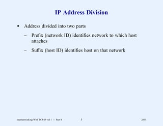 IP Address Division

d Address divided into two parts
       –      Preﬁx (network ID) identiﬁes network to which host
              attaches
       –      Sufﬁx (host ID) identiﬁes host on that network




Internetworking With TCP/IP vol 1 -- Part 4   5                    2005
 