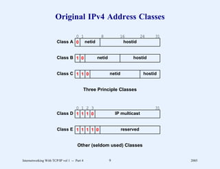 Original IPv4 Address Classes

                                0 1              8           16      24        31
                        Class A 0 netid                       hostid


                        Class B 1 0            netid                hostid


                        Class C 1 1 0                  netid              hostid


                                          Three Principle Classes


                                0 1 2 3                                        31
                        Class D 1 1 1 0                    IP multicast


                        Class E 1 1 1 1 0                      reserved


                                      Other (seldom used) Classes


Internetworking With TCP/IP vol 1 -- Part 4            9                            2005
 