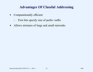 Advantages Of Classful Addressing

d Computationally efﬁcient
       –      First bits specify size of preﬁx / sufﬁx
d Allows mixtures of large and small networks




Internetworking With TCP/IP vol 1 -- Part 4   14         2005
 