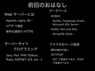 前回のおはなし
データベース

Web サーバーとは
Apache, nginx, IIS…
HTTP で通信
暗号化通信の HTTPS
!

サーバーサイド 
プログラミング
Java, Perl, PHP, Python,
Ruby, ASP.NET (C#, etc…)

RDBMS
MySQL, Postgresql, Oracle,
Microsoft SQL Server…
NoSQL (Not only SQL)
MongoDB, Redis…
!

ブラウザのページ取得
静的/動的の違い
GET/POST
GET で実装すべきか、POST
で実装すべきか

 