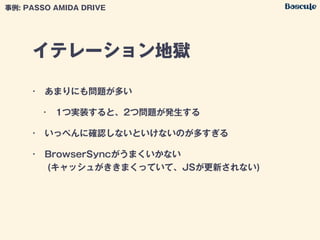 イテレーション地獄
事例: PASSO AMIDA DRIVE
• あまりにも問題が多い
• 1つ実装すると、2つ問題が発生する
• いっぺんに確認しないといけないのが多すぎる
• BrowserSyncがうまくいかない 
(キャッシュがききまくっていて、JSが更新されない)
 