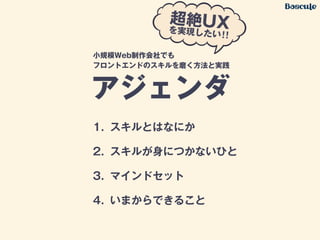 1. スキルとはなにか
2. スキルが身につかないひと
3. マインドセット
4. いまからできること
アジェンダ
小規模Web制作会社でも
フロントエンドのスキルを磨く方法と実践
 
