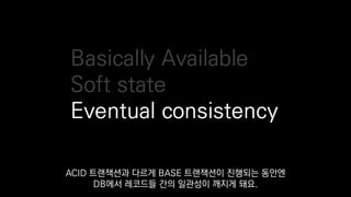 Basically Available
Soft state
Eventual consistency
ACID 트랜잭션과 다르게 BASE 트랜잭션이 진행되는 동안엔
DB에서 레코드들 간의 일관성이 깨지게 돼요.
 