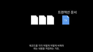 TX
트랜잭션 문서
레코드를 각각 어떻게 어떻게 바꿔라
하는 내용을 저장하는 거죠.
 