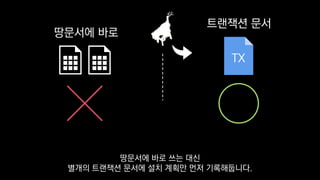 TX
트랜잭션 문서
땅문서에 바로
땅문서에 바로 쓰는 대신
별개의 트랜잭션 문서에 설치 계획만 먼저 기록해둡니다.
 