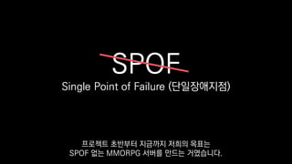 SPOF
Single Point of Failure (단일장애지점)
프로젝트 초반부터 지금까지 저희의 목표는
SPOF 없는 MMORPG 서버를 만드는 거였습니다.
 