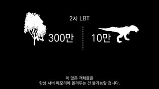300만 10만
2차 LBT
이 많은 객체들을
항상 서버 메모리에 올려두는 건 불가능할 겁니다.
 