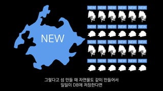 NEW
NEW NEW NEW NEW NEW NEW
NEW NEW NEW NEW NEW NEW
NEW NEW NEW NEW NEW NEW
NEW NEW NEW NEW NEW NEW
그렇다고 섬 만들 때 자연물도 같이 만들어서
일일이 DB에 저장한다면
 