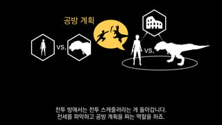 vs. vs.
공방 계획
전투 방에서는 전투 스케줄러라는 게 돌아갑니다.
전세를 파악하고 공방 계획을 짜는 역할을 하죠.
 