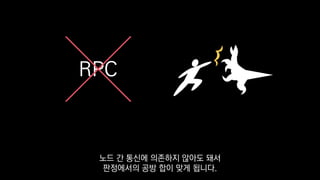 RPC
노드 간 통신에 의존하지 않아도 돼서
판정에서의 공방 합이 맞게 됩니다.
 
