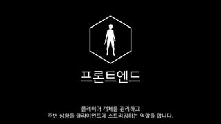 프론트엔드
플레이어 객체를 관리하고
주변 상황을 클라이언트에 스트리밍하는 역할을 합니다.
 