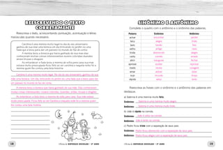 18 19Oficina de REFORÇO ESCOLAR – 2O
ANO Oficina de REFORÇO ESCOLAR – 2O
ANO
SINÔNIMO E ANTÔNIMO
Complete o quadro com o antônimo e o sinônimo das palavras.
_____________________________________________________
_____________________________________________________
_____________________________________________________
_____________________________________________________
_____________________________________________________
_____________________________________________________
Reescreva as frases com o sinônimo e o antônimo das palavras em
destaque.
a) Sabrina é uma menina muito feliz.
Sinônimo:	
Antônimo:	
b) João é rápido na corrida.
Sinônimo:	
Antônimo:	
c) Pedro ficou triste com a separação de seus pais.
Sinônimo:	
Antônimo:	
Palavra Sinônimo Antônimo
achar
feliz
belo
velho
triste
certo
abrir
aprovar
medo
amar
sujo
rápido
REESCREVENDO O TEXTO
CORRETAMENTE
Reescreva o texto, acrescentando pontuação, acentuação e letras
maiúsculas quando necessário.
Carolina é uma menina muito legal no dia do seu aniversario
ganhou de sua mae uma boneca um dia brincando no jardim viu uma
fada que a levou para dar um passeio no mundo do faz de conta
A menina levou a boneca que havia ganhado de sua mae elas
conheceram muitas coisas interessantes nuvens coloridas duendes
anoes bruxas e dragoes
Ao entardecer a fada levou a menina de volta para casa sua mae
estava muito preocupada ficou feliz ao ver carolina e naquela noite foi a
menina quem lhe contou uma bela história
_____________________________________________________________
_____________________________________________________________
_____________________________________________________________
_____________________________________________________________
_____________________________________________________________
_____________________________________________________________
_____________________________________________________________
_____________________________________________________________
___________________________
___________________________
___________________________
___________________________
___________________________
___________________________
___________________________
encontrar perder
alegre triste
bonito feio
antigo novo
aborrecido alegre
correto errado
inaugurar fechar
aceitar reprovar
receio coragem
adorar odiar
imundo limpo
veloz lento
Sabrina é uma menina muito alegre.
Pedro ficou alegre com a separação de seus pais.
Pedro ficou aborrecido com a separação de seus pais.
João é lento na corrida.
João é veloz na corrida.
Sabrina é uma menina muito triste.
Carolina é uma menina muito legal. No dia do seu aniversário, ganhou de sua
mãe uma boneca. Um dia, brincando no jardim viu uma fada que a levou para dar
um passeio no mundo do faz de conta.
A menina levou a boneca que havia ganhado de sua mãe. Elas conheceram
muitas coisas interessantes: nuvens coloridas, duendes, anões, bruxas e dragões.
Ao entardecer, a fada levou a menina de volta para casa. Sua mãe estava
muito preocupada. Ficou feliz ao ver Carolina e naquela noite foi a menina quem
lhe contou uma bela história.
 
