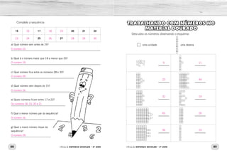 88 89Oficina de REFORÇO ESCOLAR – 2O
ANO Oficina de REFORÇO ESCOLAR – 2O
ANO
TRABALHANDO COM NÚMEROS NO
MATERIAL DOURADO
Descubra os números observando o esquema:
uma unidade uma dezena
Complete a sequência:
15 17 20 21 22
25 27
a) Qual número vem antes de 24?
_____________________________________________________________
b) Qual é o número maior que 18 e menor que 20?
_____________________________________________________________
c) Qual número fica entre os números 28 e 30?
___________________________________________
d) Qual número vem depois do 15?
________________________________________
e) Quais números ficam entre 17 e 22?
_____________________________________
f) Qual o menor número par da sequência?
______________________________
g) Qual o maior número ímpar da
sequência?
___________________________
9
23
32
65
56
11
44
19
20
10
O número 23.
O número 19.
O número 29.
O número 16.
Os números 18, 19, 20 e 21.
O número 16.
O número 29.
16 18 19
23 24 26 28 29 30
 