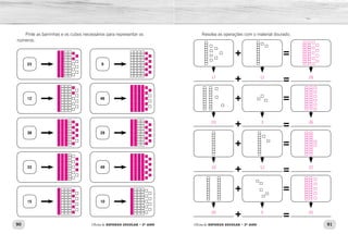 90 91Oficina de REFORÇO ESCOLAR – 2O
ANO Oficina de REFORÇO ESCOLAR – 2O
ANO
Resolva as operações com o material dourado.Pinte as barrinhas e os cubos necessários para representar os
números.
23 9
38 29
12 46
33 49
15 10
17
23
10
20
12
3
12
5
29
26
22
25
 