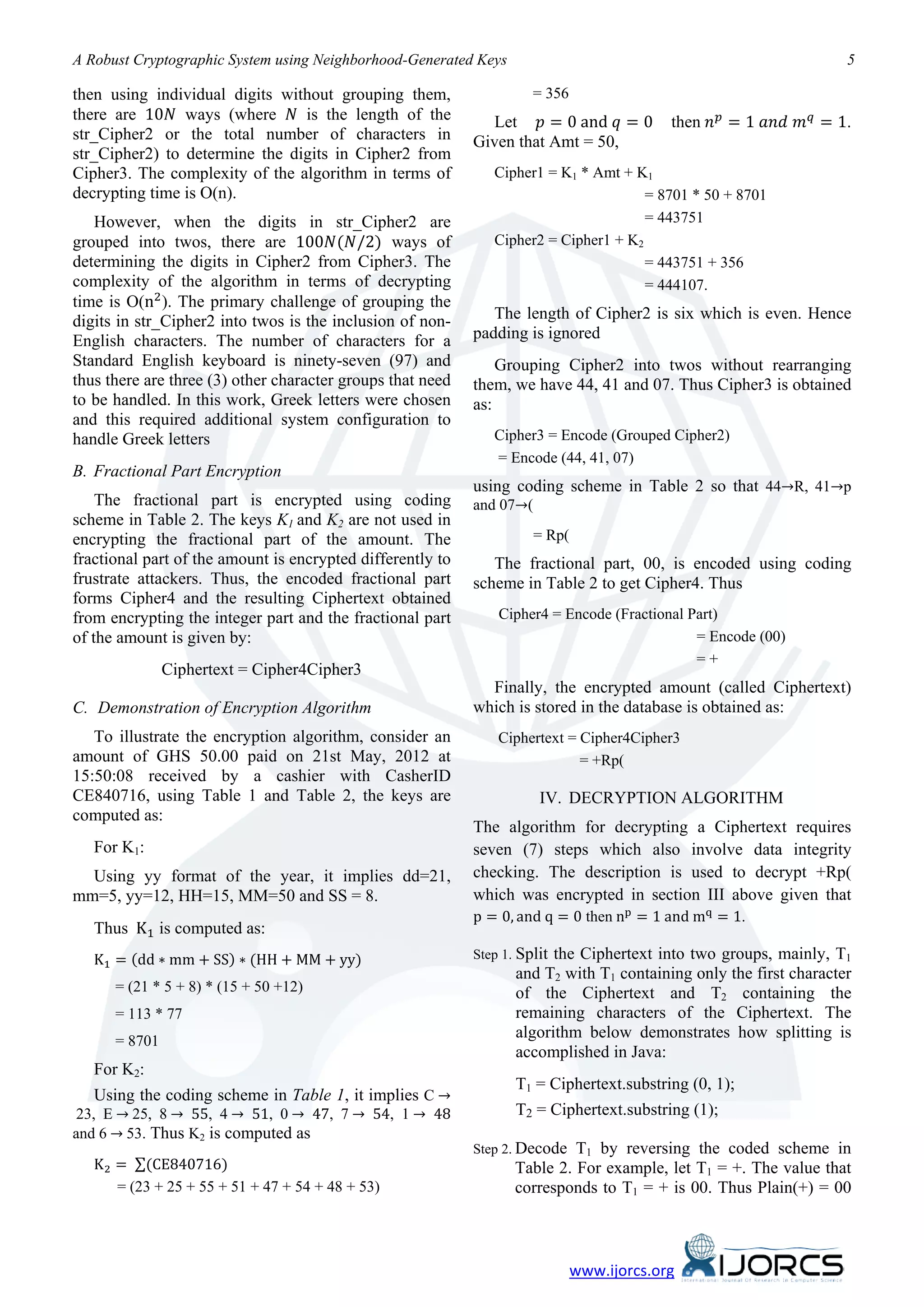 A Robust Cryptographic System using Neighborhood-Generated Keys                                                     5


there are 10𝑁 ways (where 𝑁 is the length of the              Let 𝑝 = 0 and 𝑞 = 0           then 𝑛 𝑝 = 1 𝑎𝑛𝑑 𝑚 𝑞 = 1.
then using individual digits without grouping them,                   = 356

str_Cipher2 or the total number of characters in            Given that Amt = 50,
str_Cipher2) to determine the digits in Cipher2 from
Cipher3. The complexity of the algorithm in terms of           Cipher1 = K1 * Amt + K1
decrypting time is O(n).                                                              = 8701 * 50 + 8701


grouped into twos, there are 100𝑁(𝑁/2) ways of
   However, when the digits in str_Cipher2 are                                        = 443751
                                                               Cipher2 = Cipher1 + K2
determining the digits in Cipher2 from Cipher3. The                                   = 443751 + 356

time is O(n2 ). The primary challenge of grouping the
complexity of the algorithm in terms of decrypting                                    = 444107.

digits in str_Cipher2 into twos is the inclusion of non-       The length of Cipher2 is six which is even. Hence
English characters. The number of characters for a          padding is ignored
Standard English keyboard is ninety-seven (97) and              Grouping Cipher2 into twos without rearranging
thus there are three (3) other character groups that need   them, we have 44, 41 and 07. Thus Cipher3 is obtained
to be handled. In this work, Greek letters were chosen      as:
and this required additional system configuration to
handle Greek letters                                           Cipher3 = Encode (Grouped Cipher2)
                                                               = Encode (44, 41, 07)
B. Fractional Part Encryption
                                                            using coding scheme in Table 2 so that 44→R, 41→p
    The fractional part is encrypted using coding           and 07→(
scheme in Table 2. The keys K1 and K2 are not used in
encrypting the fractional part of the amount. The                      = Rp(
fractional part of the amount is encrypted differently to      The fractional part, 00, is encoded using coding
frustrate attackers. Thus, the encoded fractional part      scheme in Table 2 to get Cipher4. Thus
forms Cipher4 and the resulting Ciphertext obtained
from encrypting the integer part and the fractional part        Cipher4 = Encode (Fractional Part)
of the amount is given by:                                                                    = Encode (00)
                                                                                              =+
               Ciphertext = Cipher4Cipher3
                                                              Finally, the encrypted amount (called Ciphertext)
C. Demonstration of Encryption Algorithm                    which is stored in the database is obtained as:
   To illustrate the encryption algorithm, consider an          Ciphertext = Cipher4Cipher3
amount of GHS 50.00 paid on 21st May, 2012 at                                = +Rp(
15:50:08 received by a cashier with CasherID
CE840716, using Table 1 and Table 2, the keys are                      IV. DECRYPTION ALGORITHM
computed as:
                                                            The algorithm for decrypting a Ciphertext requires
   For K1:                                                  seven (7) steps which also involve data integrity
  Using yy format of the year, it implies dd=21,            checking. The description is used to decrypt +Rp(

                                                            p = 0, and q = 0 then np = 1 and mq = 1.
   Thus K1 is computed as:
mm=5, yy=12, HH=15, MM=50 and SS = 8.                       which was encrypted in section III above given that


   K1 = (dd ∗ mm + SS) ∗ (HH + MM + yy)                     Step 1. Splitthe Ciphertext into two groups, mainly, T1
                                                                   and T2 with T1 containing only the first character
      = (21 * 5 + 8) * (15 + 50 +12)                               of the Ciphertext and T2 containing the
      = 113 * 77                                                   remaining characters of the Ciphertext. The
      = 8701
                                                                   algorithm below demonstrates how splitting is
                                                                   accomplished in Java:

   Using the coding scheme in Table 1, it implies C →
   For K2:

 23, E → 25, 8 → 55, 4 → 51, 0 → 47, 7 → 54, 1 → 48
                                                                   T1 = Ciphertext.substring (0, 1);

and 6 → 53. Thus K2 is computed as
                                                                   T2 = Ciphertext.substring (1);


   K 2 = ∑(CE840716)
                                                            Step 2. Decode  T1 by reversing the coded scheme in
                                                                   Table 2. For example, let T1 = +. The value that
       = (23 + 25 + 55 + 51 + 47 + 54 + 48 + 53)                   corresponds to T1 = + is 00. Thus Plain(+) = 00



                                                                               www.ijorcs.org
 