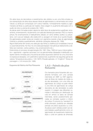 13
Os vários tipos de decorativos e revestimentos são obtidos ou por uma folha simples ou
por sobreposição de vários tipos dessas folhas de aglomerados ou de laminados de cortiça
natural, ou ainda por composição com outros materiais, nomeadamente madeira ou aglo-
merados de ﬁbras ou partículas de madeira. Esta colagem é usualmente efectuada com o
auxílio de rolos ou prensa de andares (Gil, 1987).
As placas assim formadas podem depois ter vários tipos de acabamentos superﬁciais: ence-
ramento, envernizamento, recobrimento com películas diversas (por exemplo, PVC) ou mesmo
pintura. No envernizamento é habitualmente utilizado um verniz sintético (acrílico ou poliure-
tano), com cura por radiação ultra violeta (UV) ou secagem em túneis de ar quente forçado.
Os aglomerados podem ainda ser corados com pigmentos durante a fase de aglomeração
(mistura) ou pintados superﬁcialmente, admitindo colorações diversas (Gil, 1998).
Alguns fabricantes têm ainda uma selecção das folhas ou ladrilhos por tonalidades (manual
ou automaticamente). No ﬁnal, há uma selecção/rejeição manual/visual relativamente a de-
feitos (por exemplo, cantos partidos, mau envernizamento etc.).
Existe ainda um processo de aglomeração (Gil, 1987; Silva, 1982) em que a mistura (grânu-
los + aglutinante + agentes opcionais) com as granulometrias desejadas é distribuída num
tapete rolante e enviada para uma prensa de pratos aquecidos obtendo-se uma única folha
na espessura desejada, com parâmetros operacionais usualmente nas seguintes gamas de
valores: Temperatura dos pratos = 120-180ºC; Pressão aplicada = 5-15 kgf/cm
2
; Tempo de
prensagem = 3-8 minutos (Gil, 1998).
AGLOMERAÇÃO
LAMINAÇÃO
CORTE
COLAGEM
COLAGEM
(SOFT+MDF+PARQUET
LIXAGEM
ARMAZENAMENTO
EMBALAGEM
MDFSOFT
ENCERAMENTOENVERNIZAMENTO
CORTE E
PERFILAGEM
Esquema de Fabrico de Piso Flutuante 1.4.3 – Painéis de piso
ﬂutuante
Os chamados pisos ﬂutuantes são usu-
almente formados com uma camada
intermédia em MDF ou HDF (aglome-
rado de ﬁbras de madeira de média ou
de alta densidade), com uma folha de
aglomerado de cortiça na parte inferior
e uma folha de aglomerado de cortiça
decorativa de alta densidade na parte
superior. A colagem das diferentes ca-
madas é efectuada por distribuição de
cola em ambos os lados da camada
intermédia, sendo posteriormente apli-
cadas as camadas superior e inferior
de cortiça. O conjunto (ou “sandwich”) é
então prensado, podendo ser utilizadas
prensas de pratos aquecidos ou a frio.
As placas assim obtidas podem ser de-
pois tratadas superﬁcialmente como um
aglomerado de revestimento tradicional.
Após o corte em painéis de dimensão
 