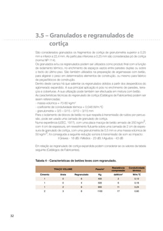 32
3.5 – Granulados e regranulados de
cortiça
São considerados granulados os fragmentos de cortiça de granulometria superior a 0,25
mm e inferior a 22,4 mm. As partículas inferiores a 0,25 mm são consideradas pó de cortiça
(norma NP-114).
Os granulados e/ou os regranulados podem ser utilizados como produto ﬁnal com a função
de isolamento térmico, no enchimento de espaços vazios entre paredes duplas ou sobre
o tecto do último piso. São também utilizados na preparação de argamassas com betão,
para aligeirar o peso em determinados elementos de construção, ou mesmo para fabrico
de peças/blocos de construção.
Dentro deste campo há que salientar os regranulados obtidos a partir dos desperdícios do
aglomerado expandido. A sua principal aplicação é pois no enchimento de paredes, terra-
ços e coberturas. A sua utilização pode também ser efectuada em mistura com betão.
As características técnicas do regranulado de cortiça (Catálogos de Fabricantes) podem ser
assim referenciadas:
- massa volúmica = 70-80 kg/m3
- coeﬁciente de condutividade térmica = 0,048 W/m.ºC
- granulometria = 0/3 – 0/15 – 0/10 – 3/15 mm
Para o isolamento de blocos de betão no que respeita à transmissão de ruídos por percus-
são, pode ser usada uma camada de granulado de cortiça.
Numa experiência (LEEC, 1977), com uma placa maciça de betão armado de 250 kg/m
2
,
com 4 cm de espessura, em revestimento ﬂutuante sobre uma camada de 2 cm de espes-
sura de granulado de cortiça, com uma granulometria de 0,5 mm e uma massa volúmica de
50 kg/m
3
, foi conseguida a seguinte redução sonora à transmissão de som ao impacto:
I Graves - 18 dB; I Médios - 23 dB; I Agudos - 43 dB
Em relação ao regranulado de cortiça expandida podem considerar-se os valores da tabela
seguinte (Catálogos de Fabricantes).
TRAÇO VOLUME Peso/m3 Resistência
compressão
Condutividade
térmica
Cimento Areia Regranulado Kg daN/cm2
W/m.ºC
1 0 6 400 2 0,13
1 0 4 500 6 0,18
1 2 6 900 11 0,24
2 3 8 1100 17 0,60
Tabela 4 - Características de betões leves com regranulado.
 