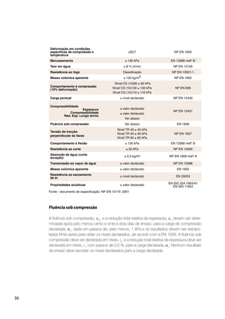 36
temperatura
DLT NP EN 1605
Manuseamento 130 kPa EN 12089 métº B
Teor em água NP EN 12105
Resistência ao fogo NP EN 13501-1
Massa volúmica aparente 130 kg/m3 NP EN 1602
Comportamento à compressão
90 kPa
NP EN 826
Carga pontual nível declarado NP EN 12430
Compressibilidade
Espessura
Compressibilidade
Red. Esp. Longo termo
NP EN 12431
Fluência sob compressão EN 1606
perpendicular às faces
NP EN 1607
130 kPa EN 12089 métº B
Resistência ao corte 50 kPa NP EN 12090
0,5 kg/m² NP EN 1609 métº A
Transmissão ao vapor de água valor declarado NP EN 12086
Massa volúmica aparente valor declarado EN 1602
Resistência ao escoamento
de ar
nível declarado EN 29053
Propriedades acústicas valor declarado
EN ISO 11654
Fluência sob compressão
A ﬂuência sob compressão, ct
, e a redução total relativa da espessura, t
, devem ser deter-
minadas após pelo menos cento e vinte e dois dias de ensaio, para a carga de compressão
declarada, c
, dada em passos de, pelo menos, 1 kPa e os resultados devem ser extrapo-
lados trinta vezes para obter os níveis declarados, de acordo com a EN 1606. A ﬂuência sob
compressão deve ser declarada em níveis, i2
, e a redução total relativa da espessura deve ser
declarada em níveis, i1
, com passos de 0,5 %, para a carga declarada, c
. Nenhum resultado
de ensaio deve exceder os níveis declarados para a carga declarada.
 