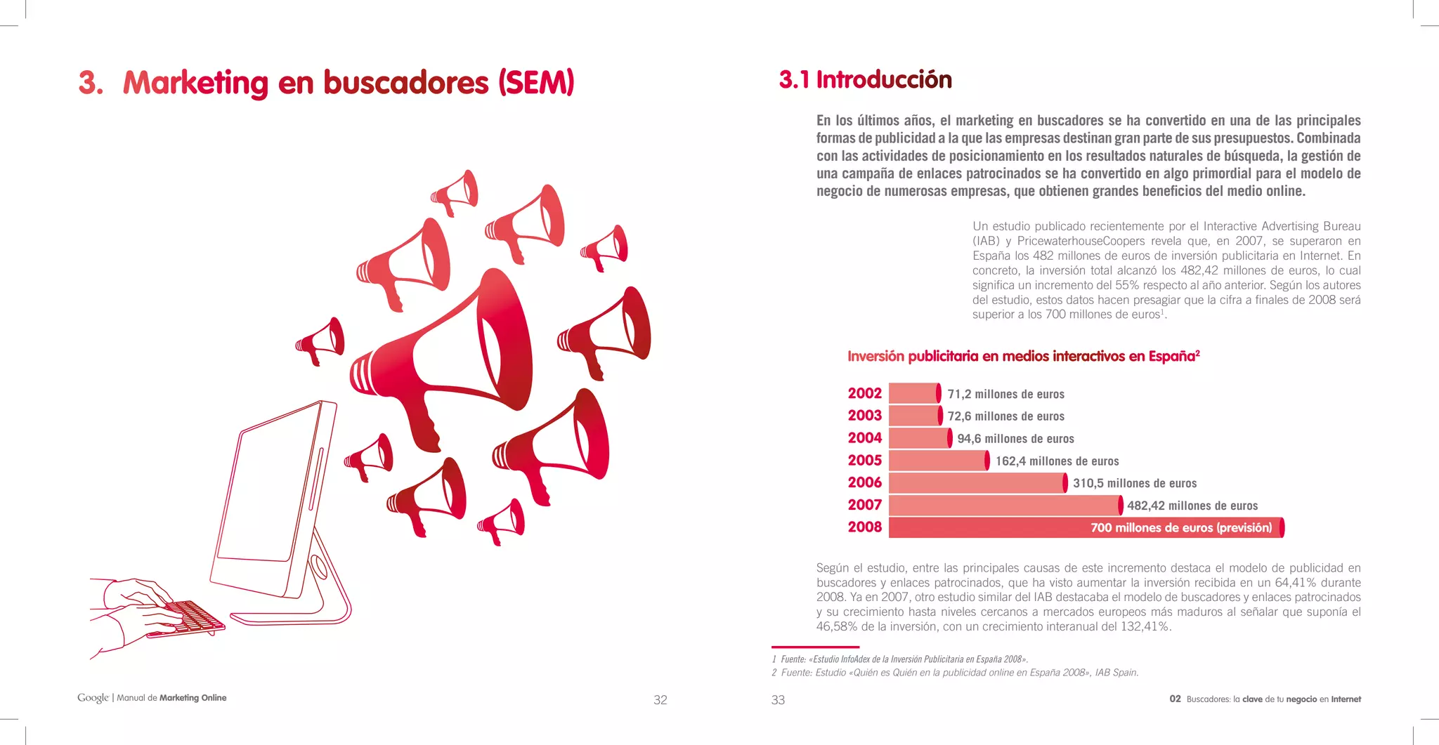 3. Marketing en buscadores (SEM)         3.1 Introducción
                                                  En los últimos años, el marketing en buscadores se ha convertido en una de las principales
                                                  formas de publicidad a la que las empresas destinan gran parte de sus presupuestos. Combinada
                                                  con las actividades de posicionamiento en los resultados naturales de búsqueda, la gestión de
                                                  una campaña de enlaces patrocinados se ha convertido en algo primordial para el modelo de
                                                  negocio de numerosas empresas, que obtienen grandes beneficios del medio online.

                                                                                      Un estudio publicado recientemente por el Interactive Advertising Bureau
                                                                                      (IAB) y PricewaterhouseCoopers revela que, en 2007, se superaron en
                                                                                      España los 482 millones de euros de inversión publicitaria en Internet. En
                                                                                      concreto, la inversión total alcanzó los 482,42 millones de euros, lo cual
                                                                                      significa un incremento del 55% respecto al año anterior. Según los autores
                                                                                      del estudio, estos datos hacen presagiar que la cifra a finales de 2008 será
                                                                                      superior a los 700 millones de euros1.


                                                         Inversión publicitaria en medios interactivos en España2

                                                         2002                   71,2 millones de euros
                                                         2003                   72,6 millones de euros
                                                         2004                      94,6 millones de euros
                                                         2005                              162,4 millones de euros
                                                         2006                                                310,5 millones de euros
                                                         2007                                                             482,42 millones de euros
                                                         2008                                                    700 millones de euros (previsión)


                                                  Según el estudio, entre las principales causas de este incremento destaca el modelo de publicidad en
                                                  buscadores y enlaces patrocinados, que ha visto aumentar la inversión recibida en un 64,41% durante
                                                  2008. Ya en 2007, otro estudio similar del IAB destacaba el modelo de buscadores y enlaces patrocinados
                                                  y su crecimiento hasta niveles cercanos a mercados europeos más maduros al señalar que suponía el
                                                  46,58% de la inversión, con un crecimiento interanual del 132,41%.

                                        1 Fuente: «Estudio InfoAdex de la Inversión Publicitaria en España 2008».
                                        2 Fuente: Estudio «Quién es Quién en la publicidad online en España 2008», IAB Spain.

  | Manual de Marketing Online     32   33                                                                                       02 Buscadores: la clave de tu negocio en Internet
 